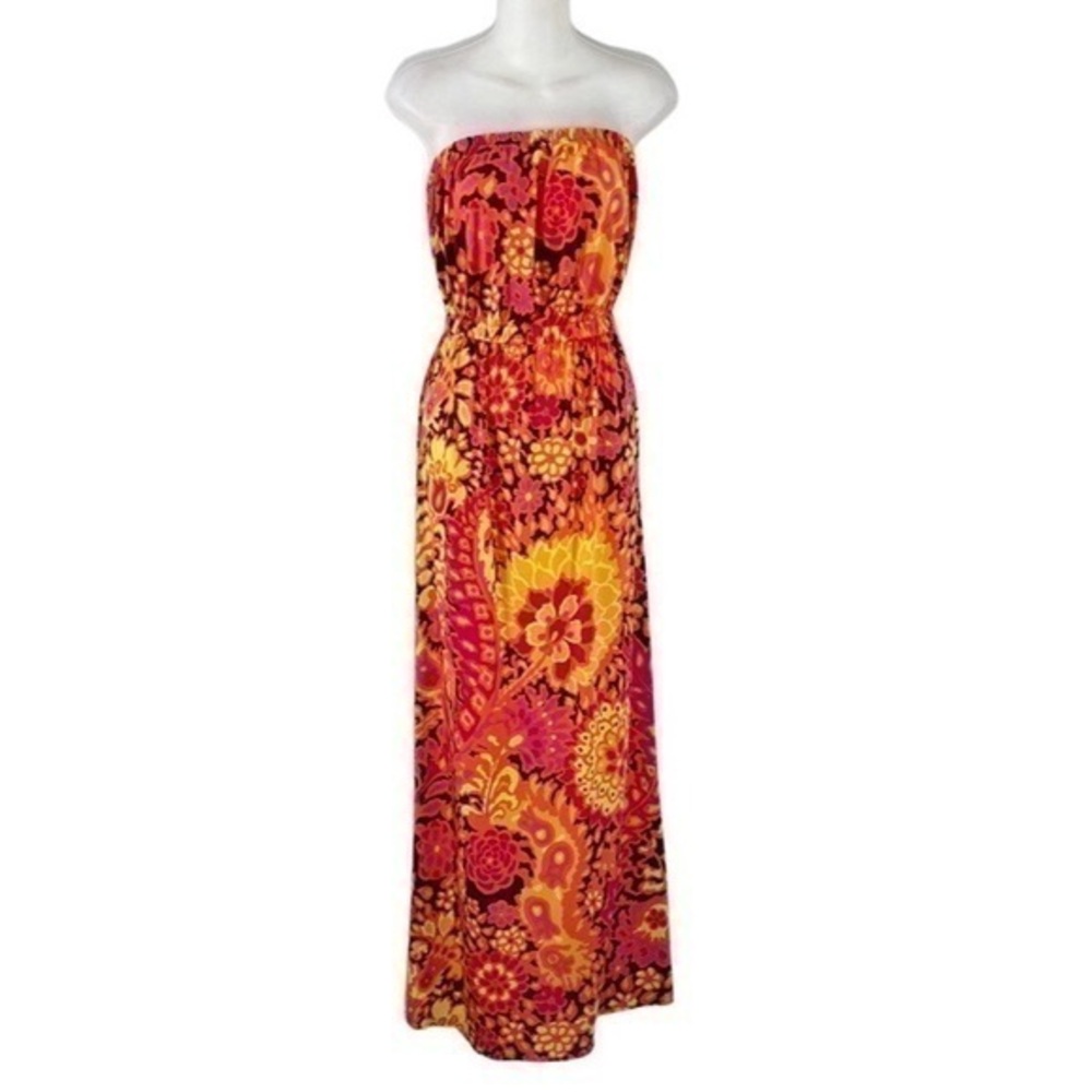 Tori Richard Honolulu orange pink yellow brown print strapless maxi dress Small